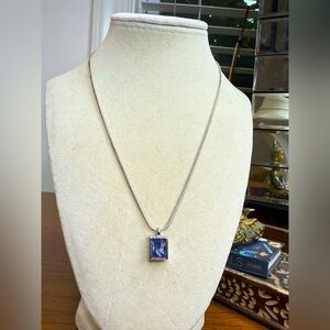 Radiant Blue Marbled Pendant Necklace – Modern Art Deco Elegance in Silver Tone